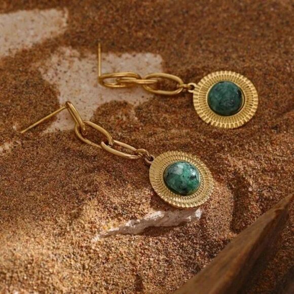 C#41 ⭐️ New 18k gold plated natural african turquoise dangle earrings - Picture 4 of 5